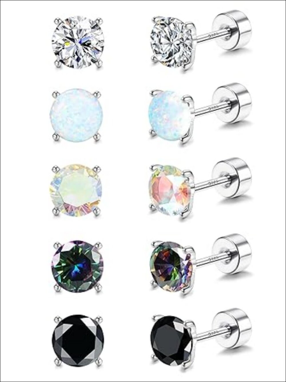 5 Pairs 925 Sterling Silver Stud Earrings Hypoallergenic Flatback CZ Opal
